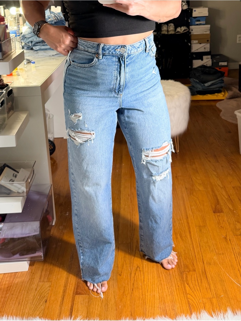 Garage Light Blue High-Rise Distressed Wide Leg Jeans